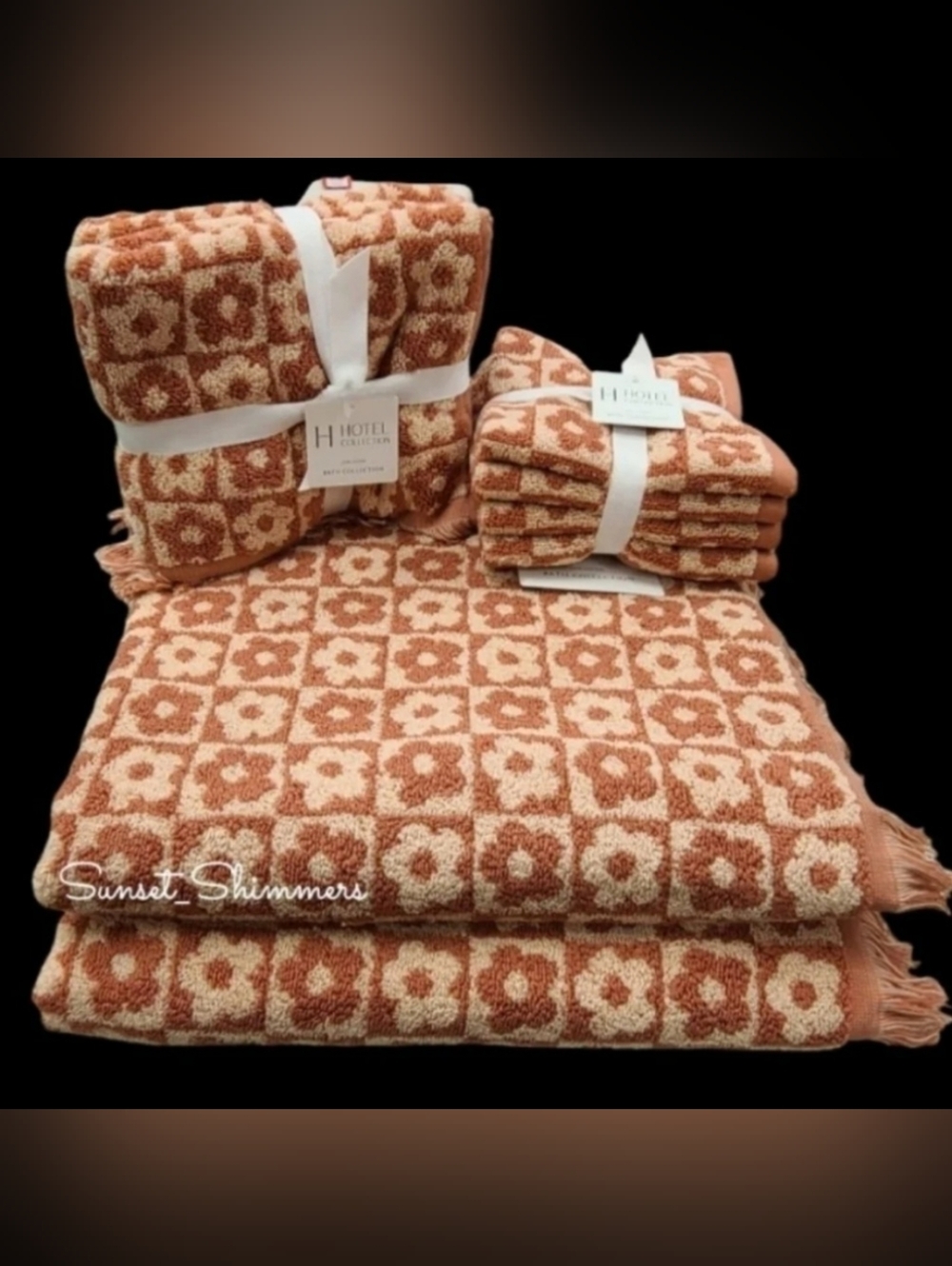 8pc Hotel Collection Fall Bath Hand Washcloth Towel Set Checkered Flowers  NEW